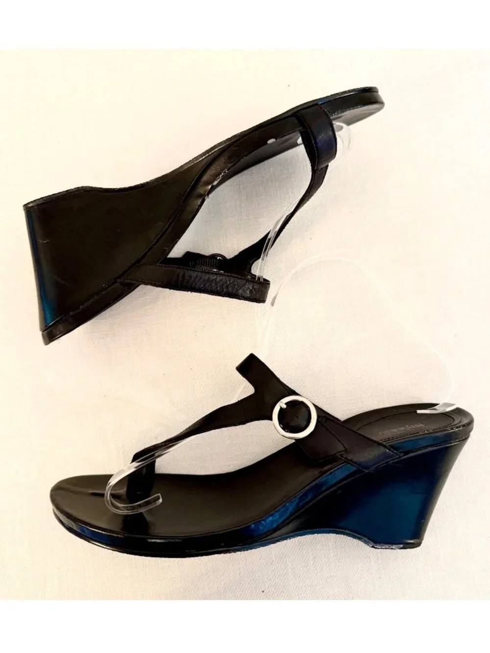 Style and Co Womens Sandals Size 8 half Elmara Black Leather Wedge Shoes